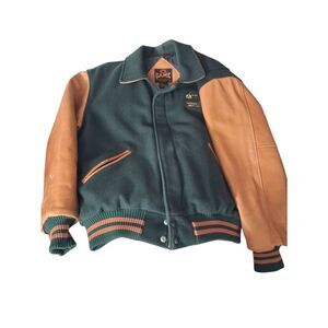 Game vintage wool and leather Letterman jacket brown and green